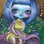 Portrait eines blauhäutigen Mädchens, das auf einer Schlange sitzt