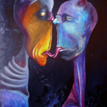 zwei katzenartige Wesen berühren sich fast mit ihren Zungen